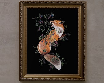 May include: A framed painting of a red fox leaping through a vine of blackberries. The fox is depicted in a realistic style with intricate details. The background is a dark black.