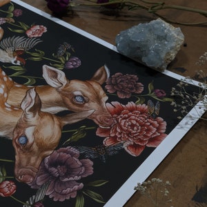 Fawn Deer with Birds and Flowers gothic botatnical art Giclee Print from original hand-painting by Albino Jackrabbit image 3