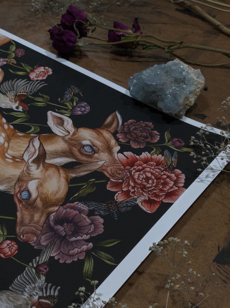 Fawn Deer with Birds and Flowers gothic botatnical art Giclee Print from original hand-painting by Albino Jackrabbit image 3