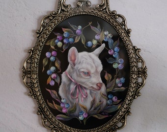 Blueberry Lamb with Bows ~ Original Gouache Painting