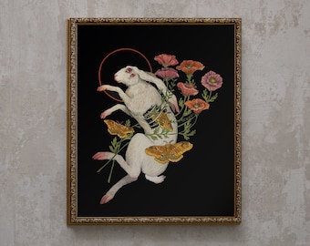 White Rabbit with Poppy flowers- Giclee Print from original hand-painting by Albino Jackrabbit