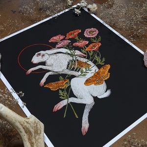 White Rabbit with Poppy flowers Giclee Print from original hand-painting by Albino Jackrabbit image 2