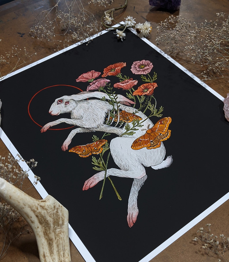 White Rabbit with Poppy flowers Giclee Print from original hand-painting by Albino Jackrabbit image 2