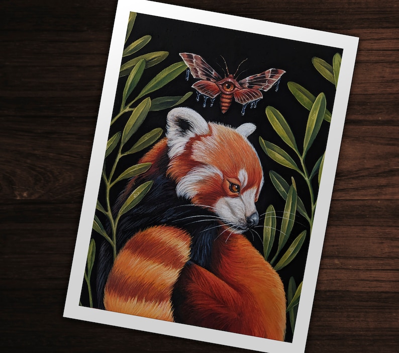 Red Panda and Moth Giclee Print from original hand-painting by Albino Jackrabbit image 2