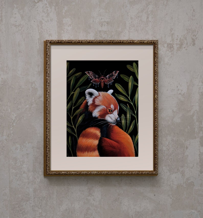 Red Panda and Moth Giclee Print from original hand-painting by Albino Jackrabbit image 1