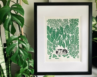 Indoor Jungle - Dog | Original Lino Art Print | Hand Carved Plants |