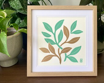 Intertwined - Sage | Original Green and Gold Lino Art Print | Plant Art |