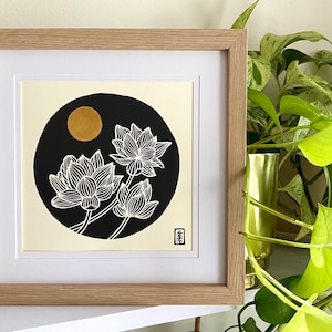 Lotus Flowers | Original Lino Art Print | Gold Detail | Hand Carved