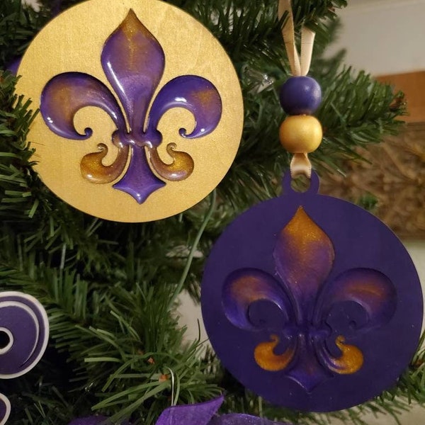 Tigers Fan Christmas Ornaments, Wood Resin Christmas Ornaments, Purple Gold Fleur-de-Lis Holiday Ornaments