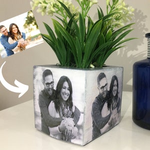 Personalized Photo Flower Pot, Custom 2 Sided Printed Concrete Succulent Planter, 3.2 Inch Square Air Plant Holder, Unique Gift For Couples