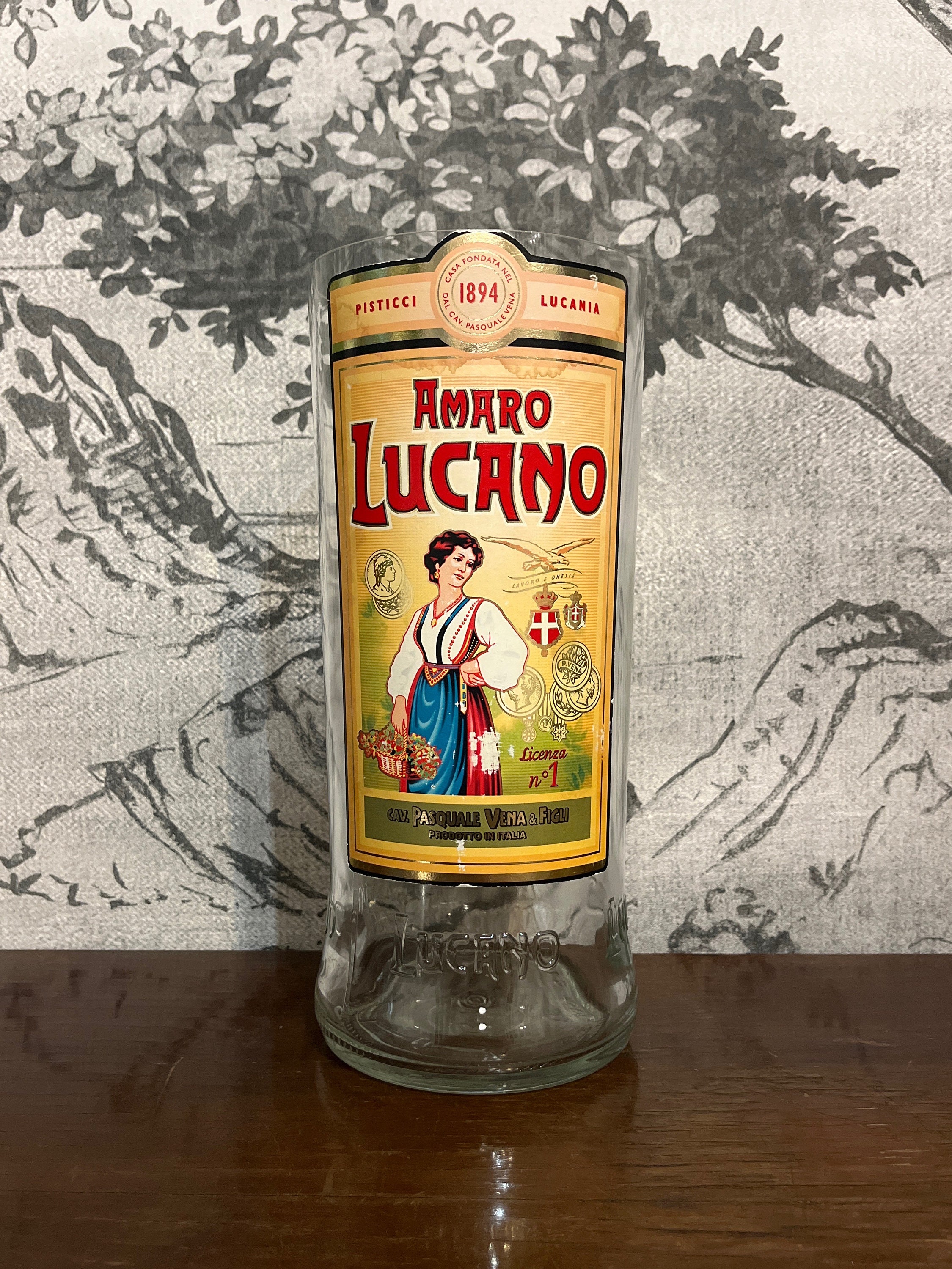 Large Amaro Lucano Magnum Flower Vase Made From a 3 Liter Vintage Bottle  Cut and Sanded by Hand. 