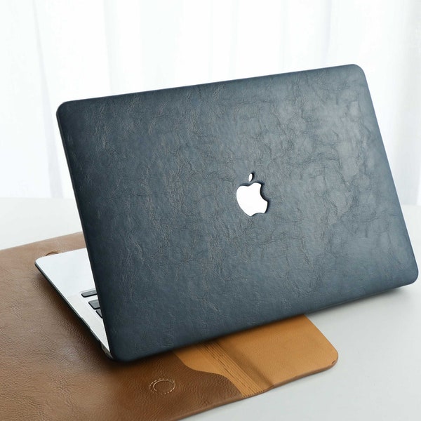 Stone Blue Leather MacBook Case For Macbook Air 13 Case, Pro 13 14 15 16 Case, Personalized Name A2779 2780 2008-2023 Laptop