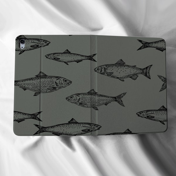 Fish Art iPad Flip Personalised Custom Name Apple Pencil Holder Case For iPad Air 3 4 Pro 9.7" 10.5" 11"iPad 8 iPad Case