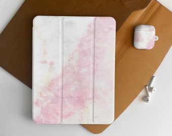 Pink Rose Salt Marble iPad Flip Personalised Custom Name Apple Pencil Holder Case For iPad Air 3 4 Pro 9.7" 10.5" 11"iPad 8 iPad case
