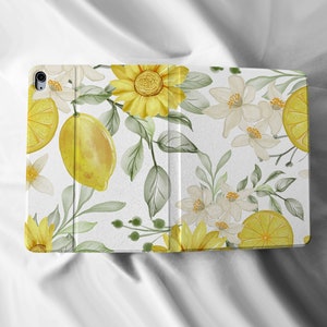 Lemon Flower iPad Flip Personalised Custom Name Apple Pencil Holder Case For iPad Air 3 4 Pro 9.7" 10.5" 11"iPad 8 iPad Case