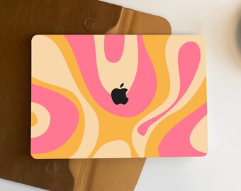 May include: A laptop skin with a swirling abstract pattern in shades of pink, yellow, and cream. The Apple logo is visible in the center of the skin.
