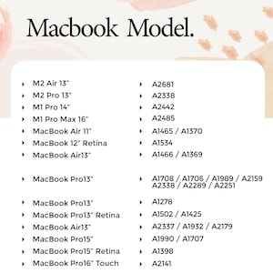Puede incluir: Una lista de diferentes modelos de Macbook con sus n&uacute;meros de modelo correspondientes. Los modelos incluyen el Macbook Air, el Macbook Pro y el Macbook Pro con Touch Bar.