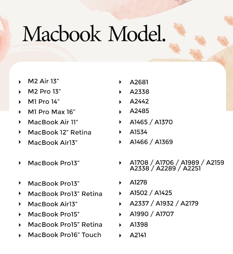 Puede incluir: Una lista de diferentes modelos de Macbook con sus n&uacute;meros de modelo correspondientes. Los modelos incluyen el Macbook Air, el Macbook Pro y el Macbook Pro con Touch Bar.