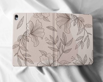 Flowers Line Art iPad Flip Personalised Custom Name Apple Pencil Holder  Case For iPad Air Pro 11