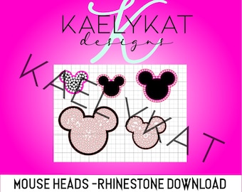 May include: A digital download of rhinestone mouse head designs. The designs are shown on a grid with pink outlines. The designs are perfect for creating custom apparel, accessories, and home decor.