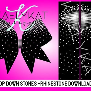 Może przedstawiać: Czarna i biała kokarda z białymi kropkami, wzorem z kryształków i tekstem "KAELYKAT Designs" na różowym tle.  Top Down Stones - Rhinestone Download.