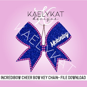 May include: Blue and pink glitter cheer bow keychain with the name "McKinley" on it. The bow is decorated with pink rhinestones. The keychain is a digital download.