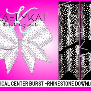 May include: A white rhinestone bow with a vertical center burst design. The design is shown on a black background with arrows indicating placement of the rhinestones.