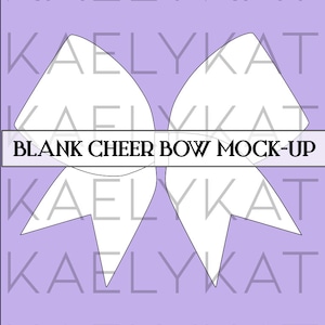 May include: A white blank cheer bow mock-up on a light purple background. The bow is made of two large loops with a center knot. The text "BLANK CHEER BOW MOCK-UP" is printed in black at the bottom of the image.
