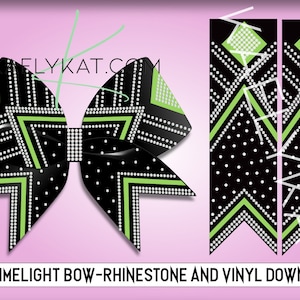 May include: Black and green cheer bow with white rhinestones and a geometric pattern. The bow is designed for cheerleading and includes a printable vinyl pattern.