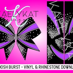 Puede incluir: Un lazo de animadora negro y morado con un diseño de remolino y pedrería. El lazo está sobre un fondo rosa con el texto "SWOOSH BURST - VINYL & RHINESTONE DOWNLOAD".