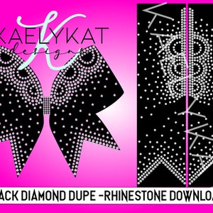 May include: A black bow design with white rhinestone detailing, set against a pink gradient background. The text "KAELYKAT designs" is in a script font. The words "BLACK DIAMOND DUPE - RHINESTONE DOWNLOAD" are at the bottom.