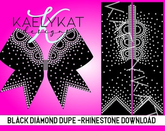 May include: Black bow design with white rhinestone accents, set against a pink gradient background. The text "KAELYKAT designs" is in a script font. The words "BLACK DIAMOND DUPE - RHINESTONE DOWNLOAD" are at the bottom.