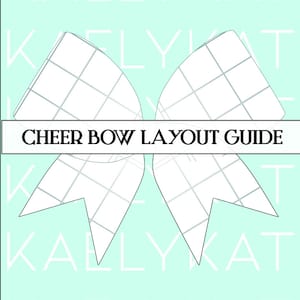 Puede incluir: Una guía de diseño de lazo de animadora en blanco y negro con un patrón de cuadrícula. La guía es para hacer lazos de animadora e incluye el texto "CHEER BOW LAYOUT GUIDE".