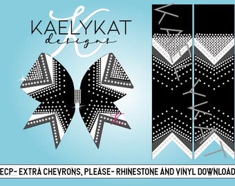 May include: Black and white cheer bow with a star design and rhinestones. The bow is paired with two matching black and white cheer straps with a chevron design and rhinestones. The text "KAELYKAT designs" is at the top of the image.