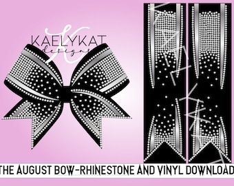 May include: Black bow design with silver rhinestone accents and a matching design on a black background. The text "THE AUGUST BOW-RHINESTONE AND VINYL DOWNLOAD" is at the bottom. The logo "KAELYKAT designs" is at the top.