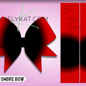 May include: A red and black ombre bow with a centre loop. The bow is on a pink background with the text "kaelykat.com" and "CENTER OMBRE BOW" at the top and bottom of the image.