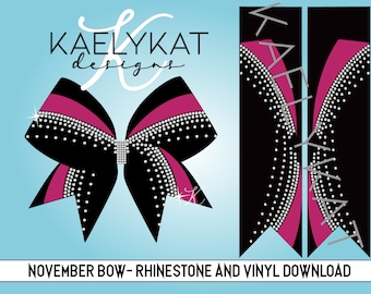 May include: Black and pink cheer bow with white rhinestones. The bow is designed with a curved shape and a layered look. The design is also available as a vinyl download.