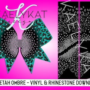 May include: A teal and black cheetah print bow with rhinestones. The bow is on a pink background. The text "CHEETAH OMBRE - VINYL & RHINESTONE DOWNLOAD" is at the bottom of the image.
