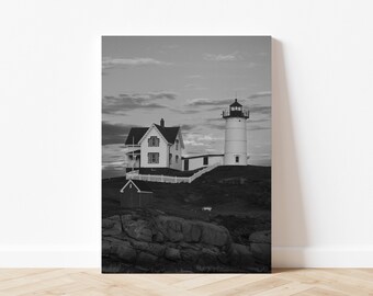 Nubble Lighthouse Black and White Photo Print - York Maine (13x19)