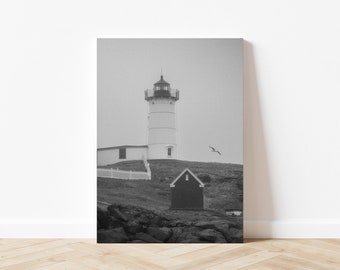 Nubble Lighthouse Print: Stormy Day Black and White Photo (13x19)