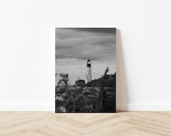 Portland Head Lighthouse Print: Cape Elizabeth Maine, Black and White Photo (13x19)