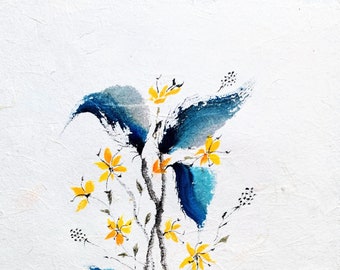 Blue leaves, yellow flowers, original! Ink painting - Sumie, not a print