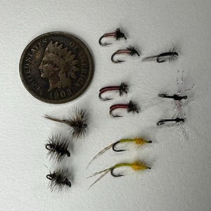 May include: A collection of 10 different fly fishing lures, including red, yellow, and black flies. The flies are arranged on a white surface next to a 1903 United States one-cent coin.