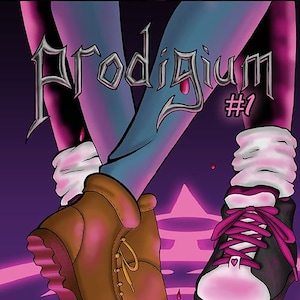 Puede incluir: Dos pares de zapatos, uno marrón y otro negro, con detalles rosas, se encuentran sobre un fondo morado y rosa. El texto "Prodigium #1" está escrito en gris oscuro.