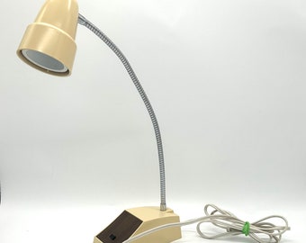 Midcentury Desk Lamp | Chrome Gooseneck | Faux Wood | Cream Shade