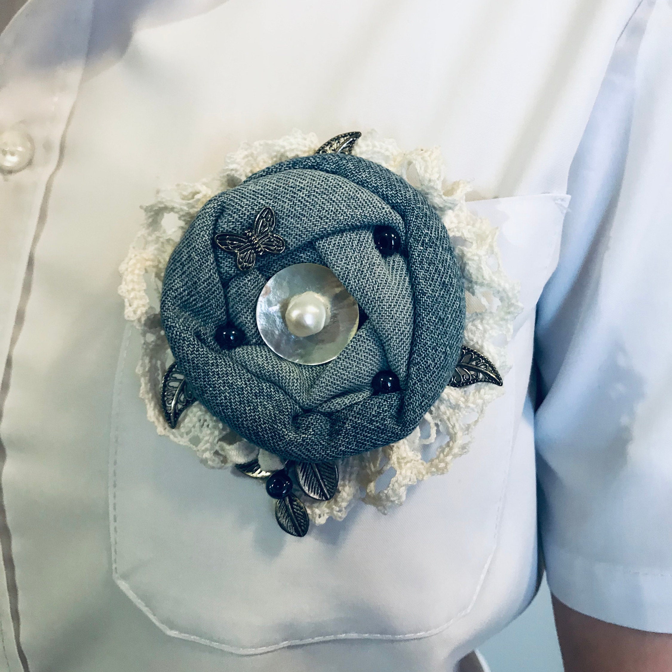 Denim brooch Accessory on lapel Boho style Accessory for denim Etsy