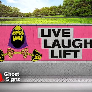 Angry Skeletor Laughing Home Gym Banner - Poster Sign Print - Live Laugh Lift - He-Man meme - Fitness Decor - Throne - Mask - Skull Deadlift