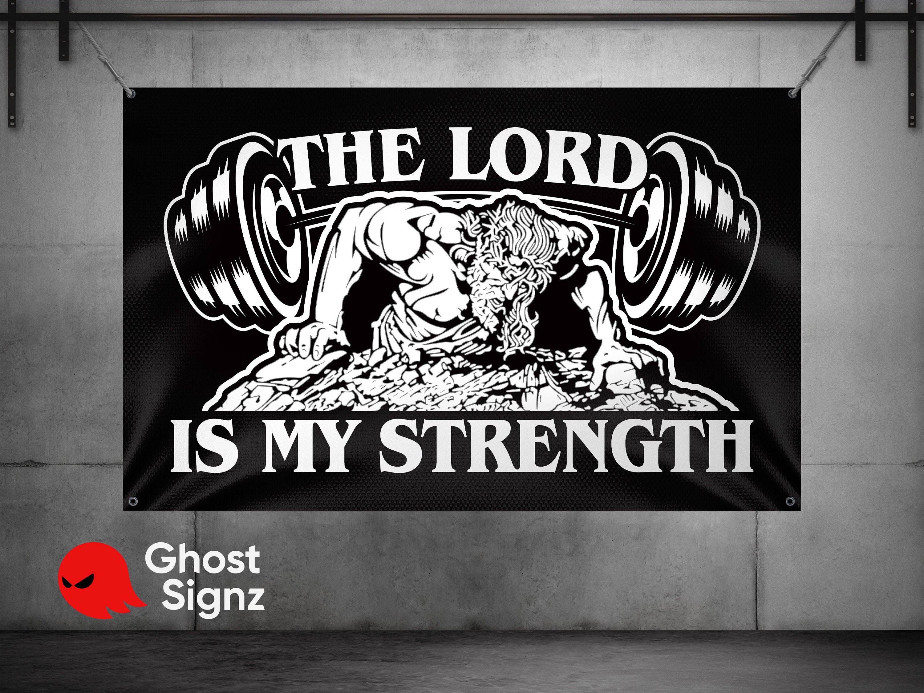 The Lord is my Strength Home Gym Banner - Large Wall Art Mural - Training Exercise - Muscle Raw Strength Jesus Christ - Poster Sign Flag