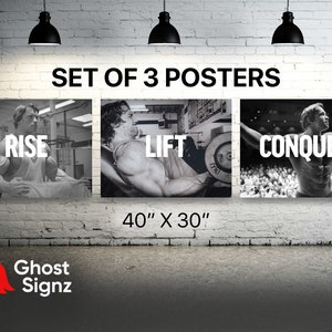 Arnold Schwarzenegger RISE LIFT CONQUER Poster Set: 3 Large Home Gym Wall Art Prints