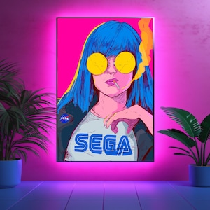 Retro-futuristic Synthwave Poster: Sega Arcade Video Gamer Girl T-Shirt Wall Art - Vibrant Colors - Banner Sign Print - Cyberpunk Vaporwave